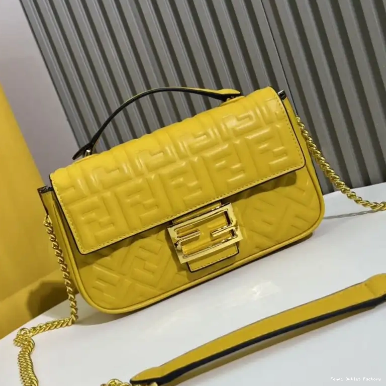 Cheap HOT Baguette FF Nappa Motif Yellow Midi Leather Bag In Chain Fendi 0623
